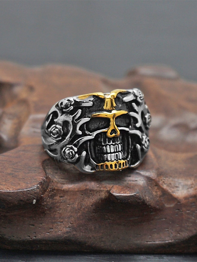 2026年 メンズ ステンレススチール ゴシック スカル リング、マルチサイズ バイカー パンク ステートメント バンド、花柄ディテール、カジュアルウェア、旅行、休暇、ハロウィン スタイリングに最適な大胆なファッション ジュエリー  コレクション – $9.99 –P5