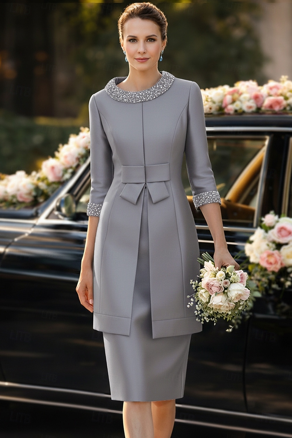 Dos Piezas Funda Columna Hasta la Rodilla Vestido Invitada Boda Vestido de Madrina Correas Joya Elegante Invitado a la boda Fiesta de Boda Iglesia Satén Vestidos de chaqueta con Cinta / Lazo Lazo(s 2026 - $206.99 –P7