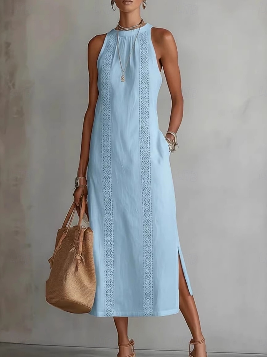 Per donna Abito Midi Abiti effetto lino Abito Estivo Casual Quotidiano Vestibilità comoda Semplice Senza Maniche All'americana Blu Nero Bianco Giallo Estate del 2026 a $33.99 –P10
