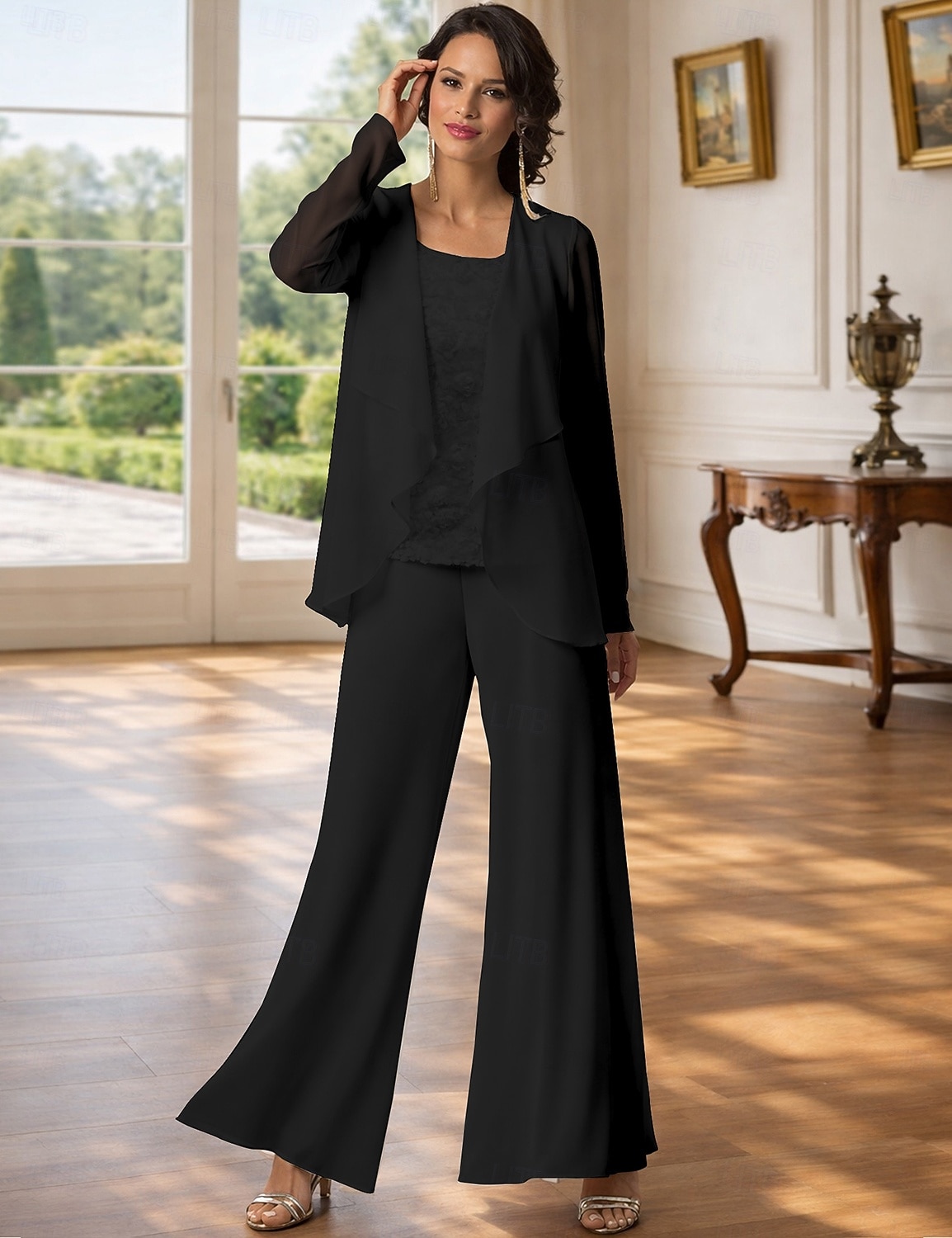 Traje de pantalón Traje de 3 piezas Hasta el Suelo Vestido de Madrina Sin Mangas Barco de cuello Elegante Talla Grande Bolero incluido Formal Invitado a la boda Gasa con Encaje 2026 - $126.99 –P15