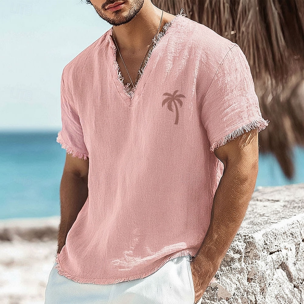 Herren-T-Shirt mit kleinem Palmenprint aus Leinen-Baumwoll-Mischgewebe, V-Ausschnitt, offene Kanten, altrosa, sommerliches Strandurlaubs-Shirt mit Fransen, weiches Designer-Top, Größen S-3XL 2026 - $24.99 –P1