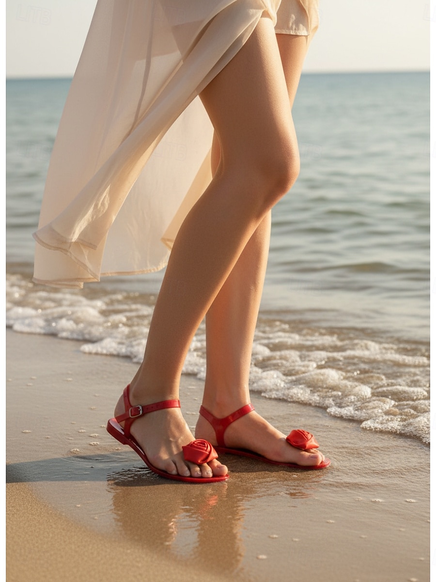 Women's Vibrant Red Jelly Sandals - Waterproof Summer Flip Flops with Romantic Silk Rose Decor for Beach Vacations, Tropical Parties & Resort Wear 2026 - $24.99 –P2