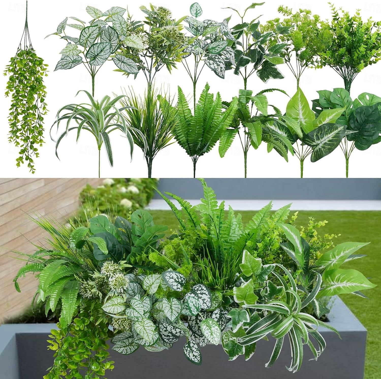 2026年 16個の屋外用人工植物、UV耐性フェイク低木、プラスチック製グリーン、屋外屋内吊り下げ植物、庭、ポーチ、窓辺のプランター、ホームウェディング、ファームハウス装飾用フェイク植物  コレクション – $31.99 –P1