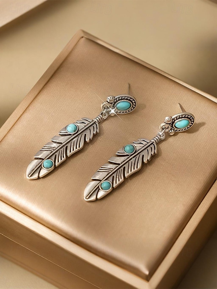 Pendientes colgantes de hoja turquesa de aleación estilo boho para mujer, pendientes llamativos de plumas de estilo western vintage para uso casual, viajes, vacaciones y estilo resort. 2026 - $7.99 –P7