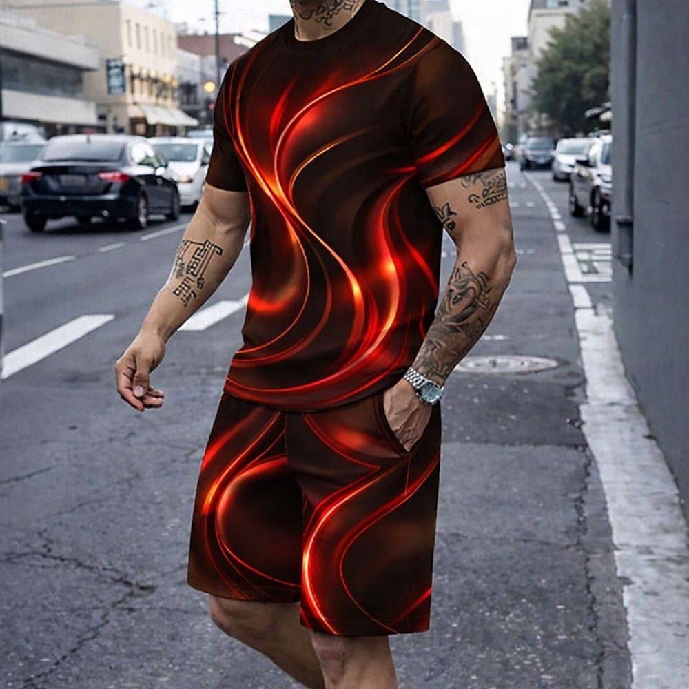 Hombre Geométrico Línea 2 piezas Conjuntos de camisetas Tops de verano Manga Corta Pantalones cortos Cuello Barco Casual De moda Diario Exterior Vacaciones Impresión 3D Verano Azul Piscina Rojo Marrón 2026 - $28.99 –P2