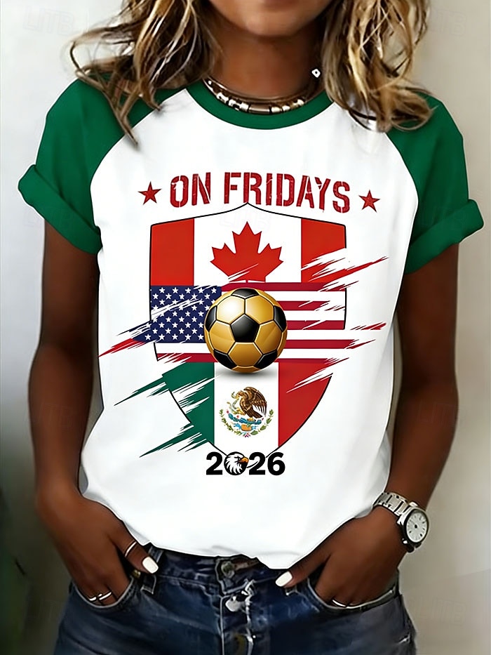 Femmes T-shirt Imprimé Graphique Équipe de football Élégant Classique Occasionnel Manche Courte Col ras du cou Hauts Réguliers Quotidien Jaune Rouge Vert Été Printemps de 2026 ? $21.99 –P3