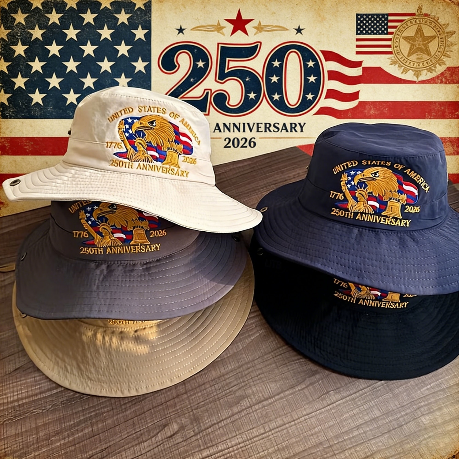Vyšívaný rybářský klobouk k 250. výročí USA, americký kbelík k 250. výročí, 1776-2026, skládací vlastenecké sluneční klobouky pro muže i ženy, prodyšné a univerzální pro všechna roční období. 2026 - $21.99 –P1