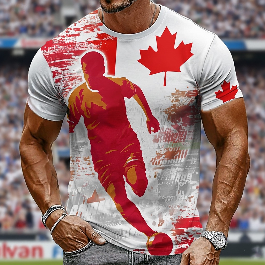 Camiseta masculina casual de manga curta, estampa da seleção canadense de futebol de 2026, com listras verticais vermelhas e brancas e a inscrição "Canada". Modelagem justa, ideal para torcedores em de 2026 por $21.99 –P2