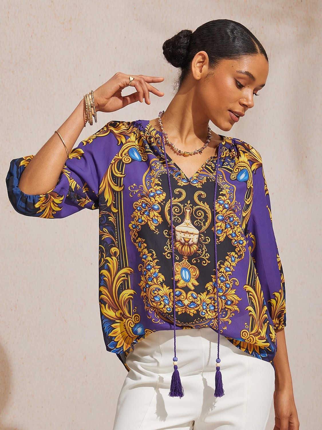 Топ из барочного шифона темно-синего цвета с рукавами 3/4 2026 - $67.99 –P9