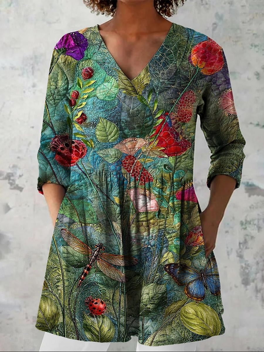 Damen Bluse Druck Blumen Urlaub Täglich Lässig Dreiviertelarm V Ausschnitt Normale Oberteile Täglich Ferien Ausgehen Grün Sommer Frühling Herbst 2026 - $28.99 –P1