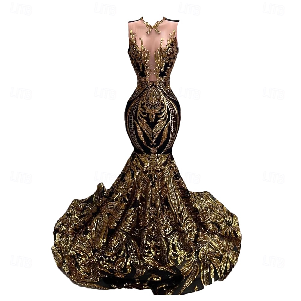 Corte Trompeta Sirena Cola barrida Trajes de gala Vestidos de noche Corte Cenicienta Vestimenta formal Elegante Sin Mangas Escote de ilusión Carnaval Formal afroamericano Lentejuelas con Lentejuela 2026 - $287.49 –P11