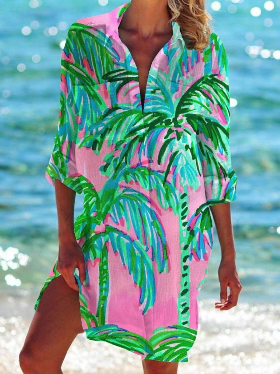 Damska sukienka koszulowa z nadrukiem rozgwiazdy, plażowa, zapinana na guziki, z długim rękawem i kieszenią, na co dzień – letnie wakacje 2026 - $31.99 –P5