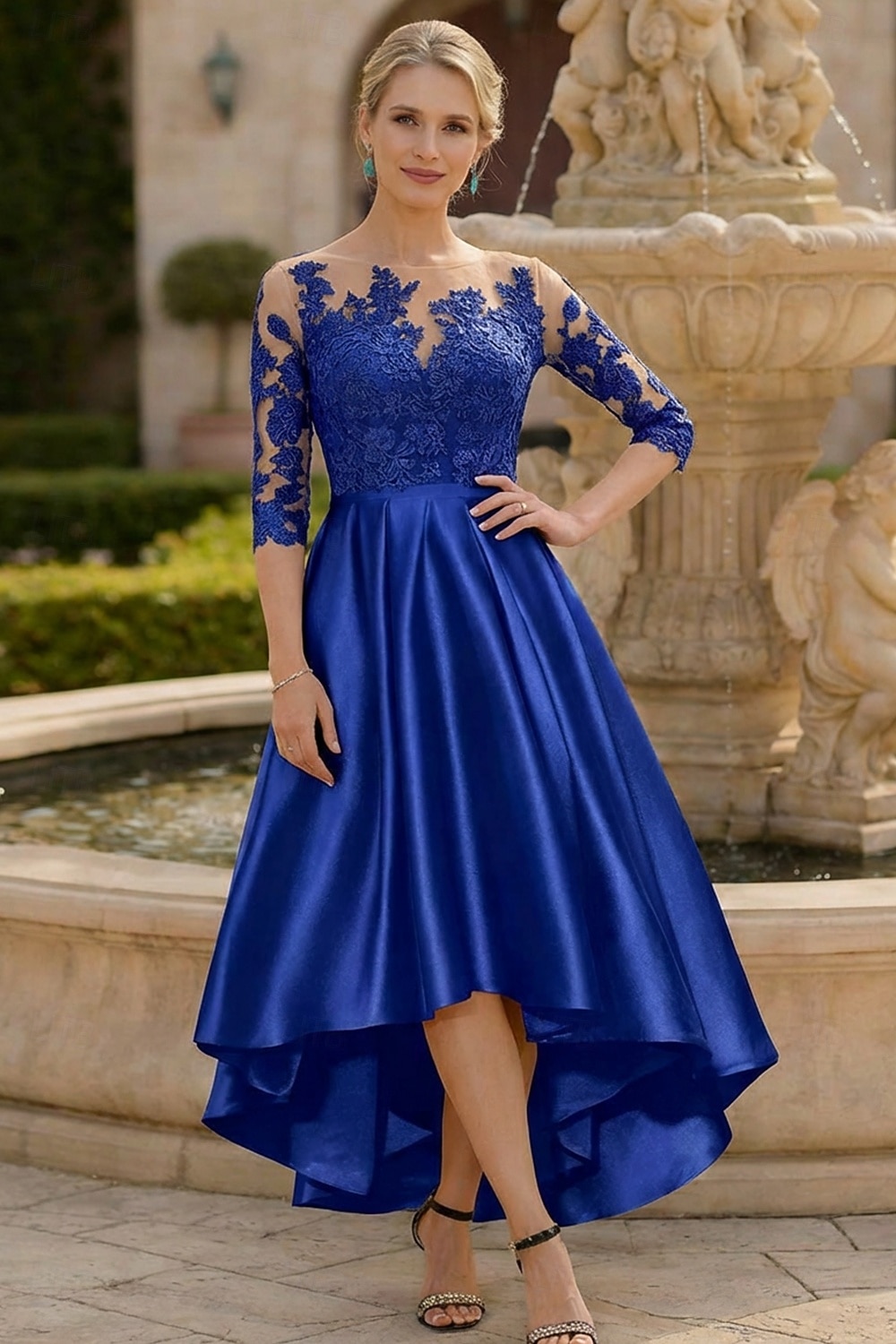 A-linja Epäsymmetrinen Polven yli Juhlamekko Coctail-asu Häävieraspuku Morsiammen äidin asu 3/4 hiha Kauha Tyylikäs Lyhyt ja matala Häävieras Syntymäpäivä Satiini Pitsi kanssa Laskokset Applikaatiot 2026 - $164.99 –P7