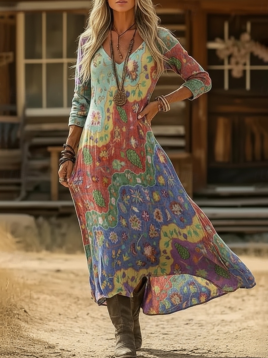 Mujer Vestido largo maxi Vestido bohemio Vestido vintage Vestido informal Vintage Diario Exterior Vacaciones Ajuste regular Floral Manga Larga Escote en Pico Azul Piscina Morado Verde Trébol Gris 2026 - $37.99 –P2
