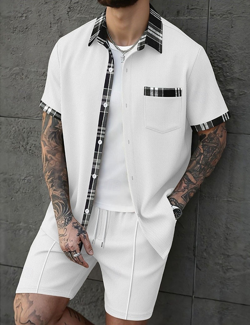 Herren Zweiteilig Hemd Set Sommer-Set Und Set Kontrastfarbe Lässig Täglich Urlaub Hemdkragen Kurzarm Kurze Hose Sommer Frühling Mode Lässig Bequem Bekleidung 2026 - $36.99 –P2