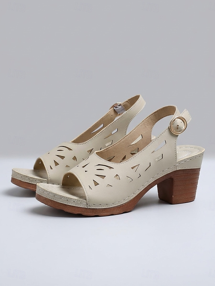 Sandalias de tacón abierto con aberturas para mujer: sandalias de piel sintética beige con tacón grueso para salidas de verano, fiestas en el jardín y elegancia diaria. 2026 - $24.99 –P2