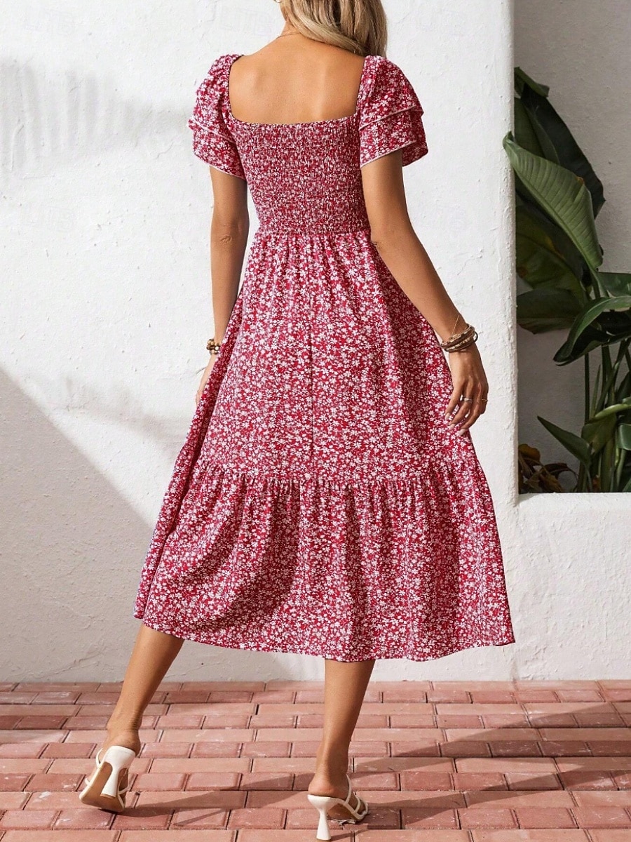 Dam Midiklänning Vardagsklänning Swingklänning Blommig klänning Elegant Mode Modern Utomhus Semester Utekväll Normal Ditsy Floral Kortärmad Fyrkantig hals Blå Svart Rubinrött Purpur Sommar Vår 2026 - $33.99 –P3