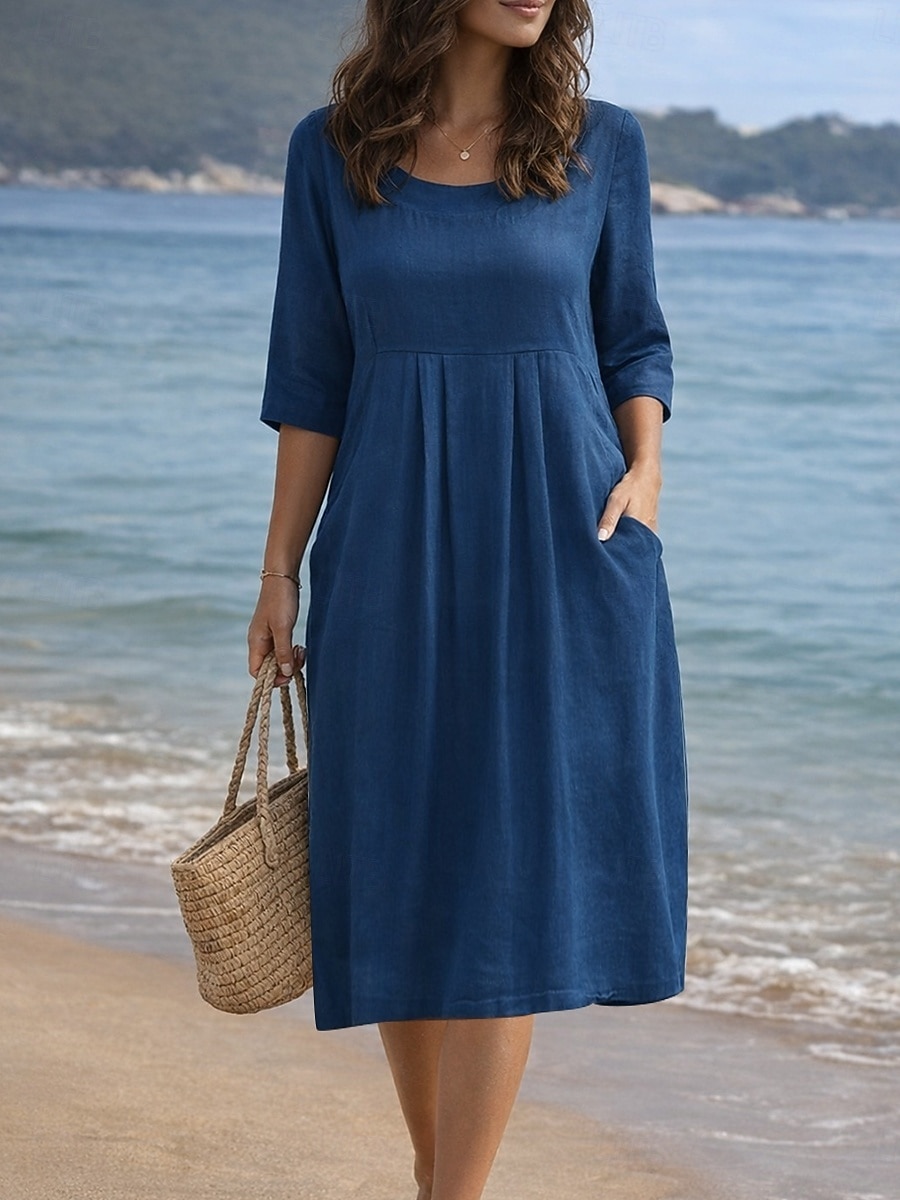 Women's Midi Dress Shift Dress Summer Dress Casual Daily Loose Fit Plain Half Sleeve Crew Neck Blue Fuchsia Green Dark Blue Summer Spring 2026 - $24.99 –P8