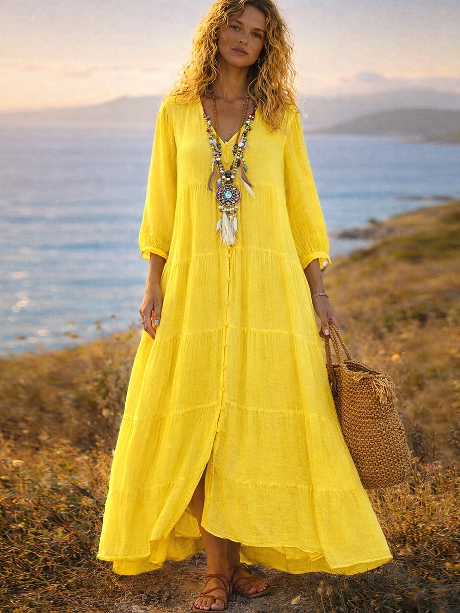 Femmes Robe Maxi Robe maxi Robes effet lin Robe Chemise Robe d'Été Robe Caftan Vacances Basique Moderne Quotidien Week-end Coupe Ample Uni Manche 3/4 Col en V Bleu Blanche Jaune Été Printemps de 2026 ? $34.99 –P2