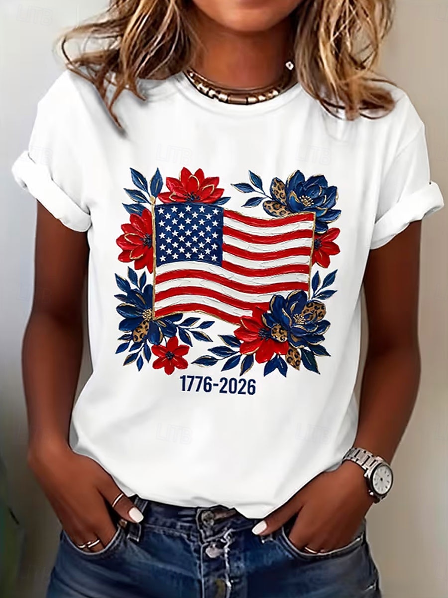 Dia da Independência Americana Mulheres Camiseta Imprimir Gráfico Letra Vintage à moda Clássico Manga Curta Gola Redonda Tops regulares Diário Azul Preto Branco Verão Primavera de 2026 por $22.99 –P1