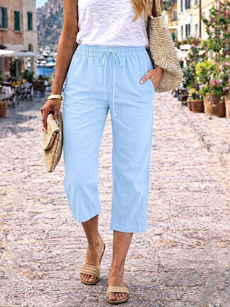 Dame Capri-bukser Linbukser i bomull kinesisk Sommershorts Ferie Grunnleggende Fritid Kalv lengde Høy Midje عادي Lomme Elastisk midje comfy Komfort Myk Elastisk Daglig utendørs Gate Marineblå Vin 2026 - $21.99 –P9