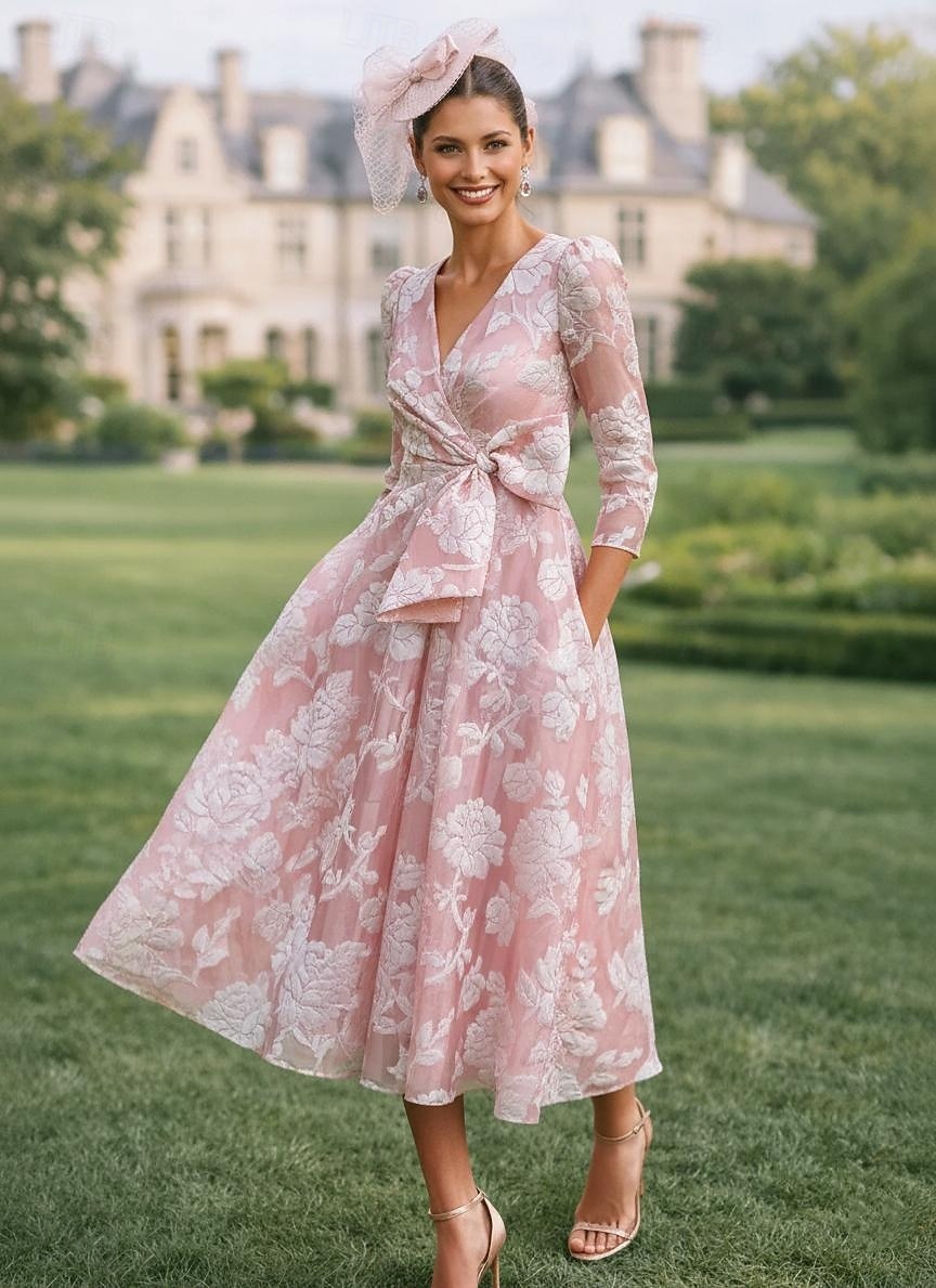 A-linje Ankellengde Te-lengde Cocktailkjoler Elegant Årgang Blomster Langermet V-hals Hage fest Formell Lomme Sateng Blonder med Blomstertrykk Sløyfe(r) Plissert 2026 - $154.79 –P4