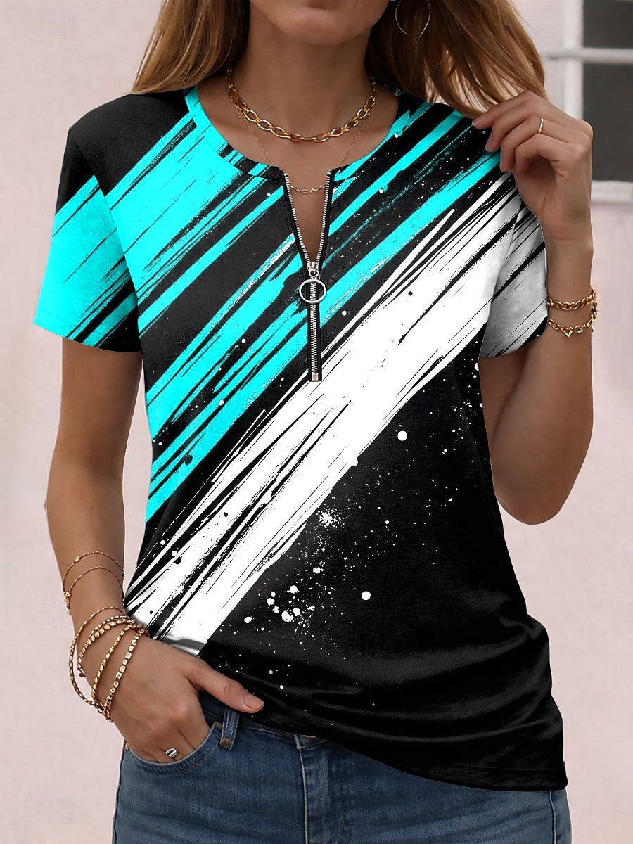 Dam T-shirt Dragkedja Grafisk Geometrisk Abstrakt Vintage Hawaiisk Stylish Kortärmad Rund hals Vanliga toppar Dagligen Sport Helgen Blå Rubinrött Purpur Grön Sommar Vår 2026 - $21.99 –P2