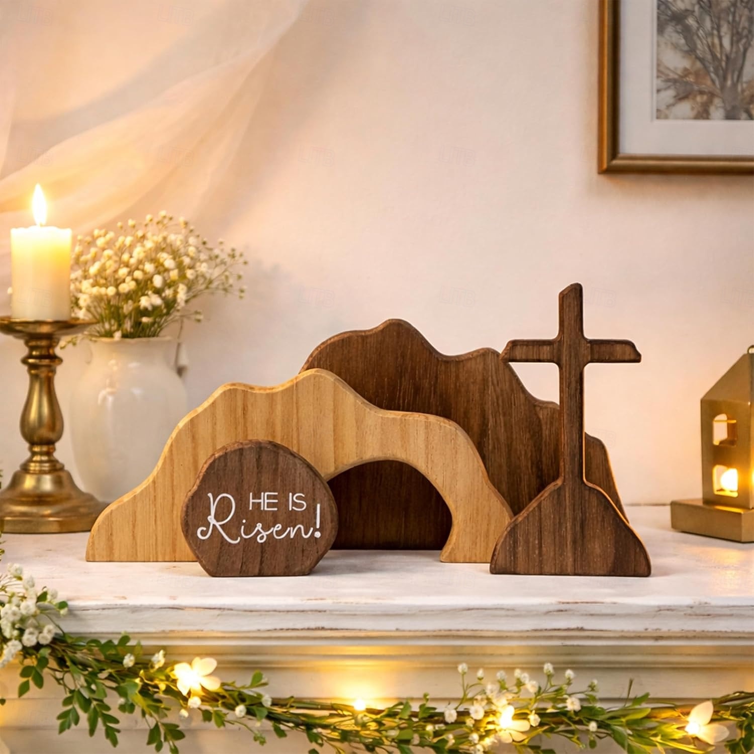 Pasen: Hij is opgestaan, christelijke decoratie, leeg graf, kruis, paasdecoratie voor thuis, houten paastafereel met opstanding, tafeldecoratie, schoorsteenmanteldecoratie, kantoordecoratie, 2026 - $23.99 –P7