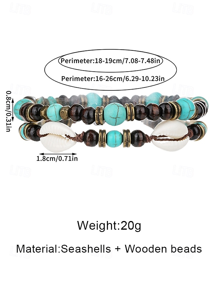Men's Boho 2-Piece Bracelet Set, Wood Beads, Turquoise and Shell, Beach Vacation and Everyday Casual Style 2026 - $7.99 –P7