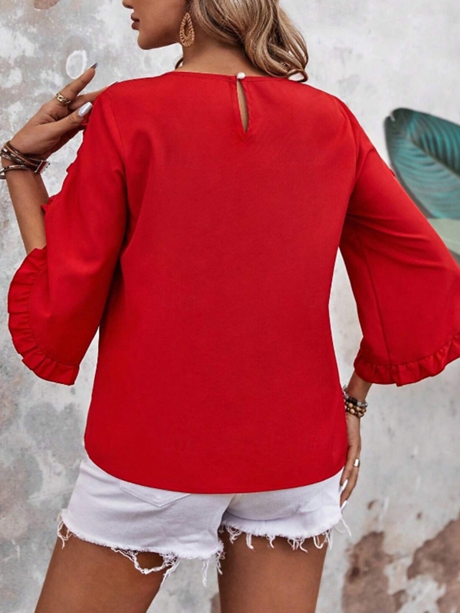 Mujer Camisa Blusa Blusa con volantes Volante Plano Elegante Clásico Moderno Manga 3/4 Cuello Barco Tops regulares Diario Festivos Noche Negro Rojo Naranja Verde Trébol Albaricoque Verano Primavera 2026 - $24.99 –P8