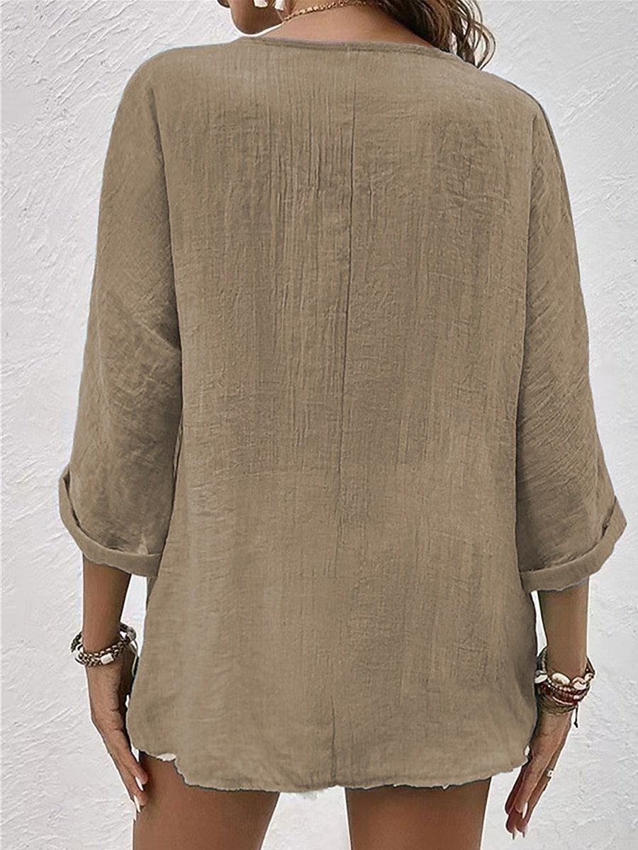 Per donna Camicia Blusa Arricciato Bottoni Semplice Elegante Vacanza Vintage Manica Lunga Scollo a V Top Regolari Quotidiano Ferie Uscire Blu Rosa Verde Cachi Estate Primavera del 2026 a $14.99 –P4
