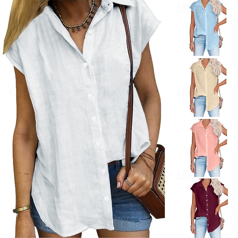 Women's Blouse Cotton Shirt Buttons Solid Color Vintage Daily Stylish Short Sleeve Shirt Collar Regular Tops Daily Blue Black White Pink Wine Summer Spring 2026 - $19.99 –P1