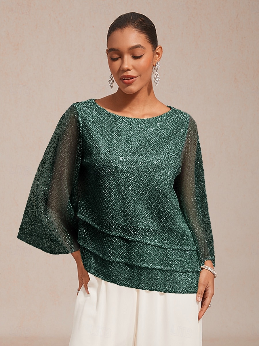 בגדי ריקוד נשים חולצות תחרה פאייטים אשליה צבע אחיד אלגנטית מסוגנן שרוול 4\3 פעמון צווארון עגול קצר חולצות ארוכות יומי אורחת חתונה בגדי נופש ירוק האנטר קיץ אביב סתיו 2026 - $76.99 –P1