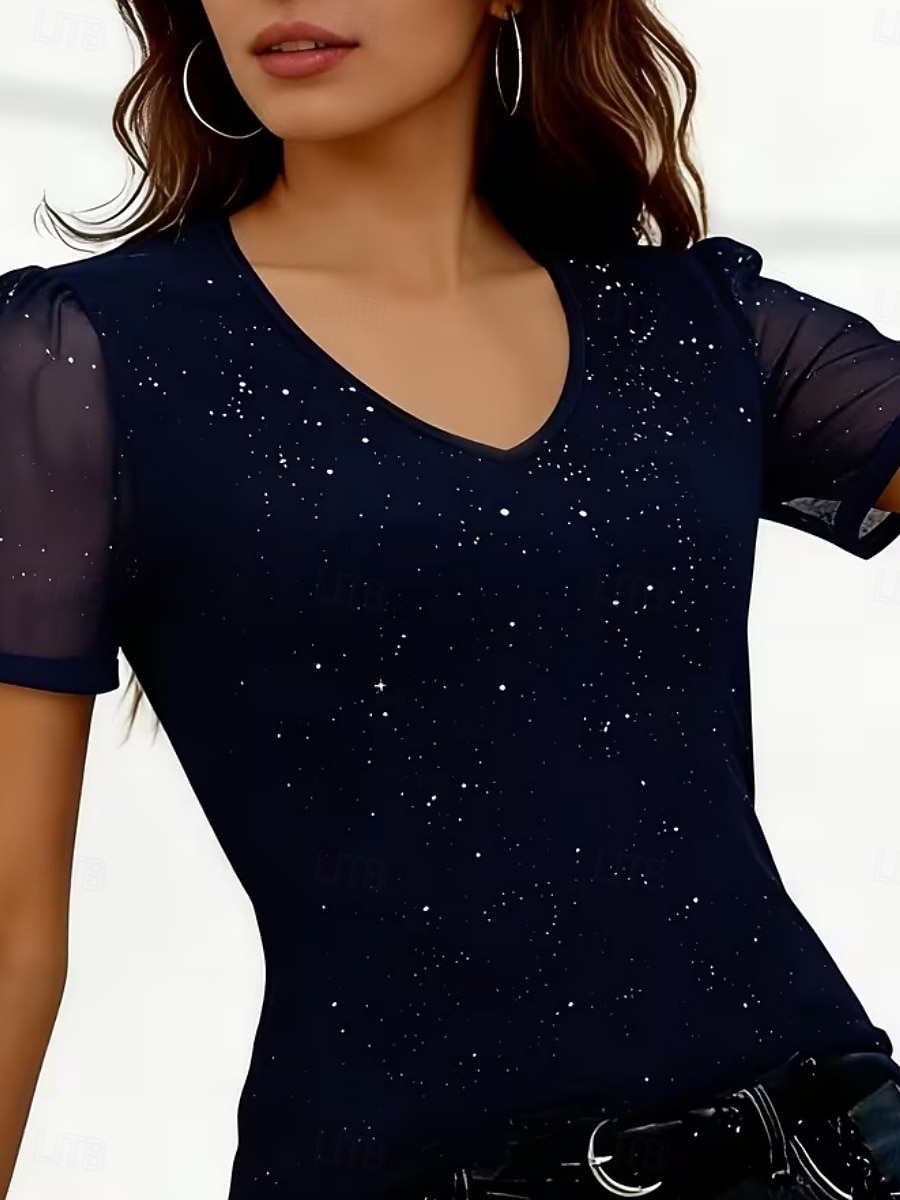 Femmes T-shirt Paillettes Maille Couleur Unie Élégant Mode Classique Manche Courte Col en V Hauts Réguliers Quotidien Sortir Week-end Noir Rouge Été Printemps de 2026 ? $21.99 –P3