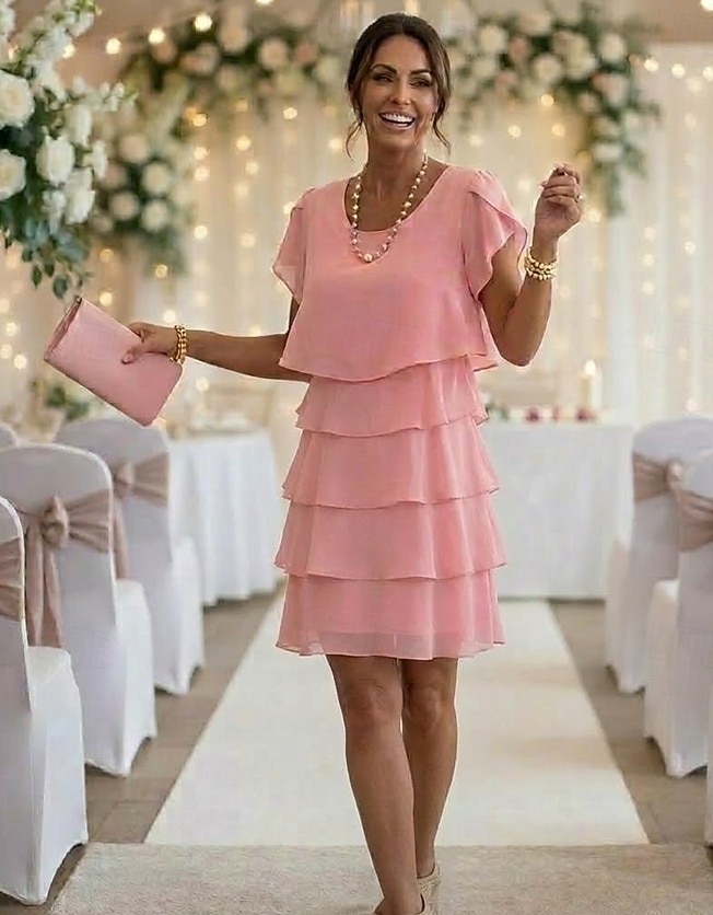 Per donna Mini Abito Abito da Cocktail Abito da invitata a nozze Vestito in Chiffon Abito a Strati Elegante Classico Festa serale Data Uscire Vestibilità regolare Colore Puro Manica Corta Girocollo del 2026 a $34.99 –P1