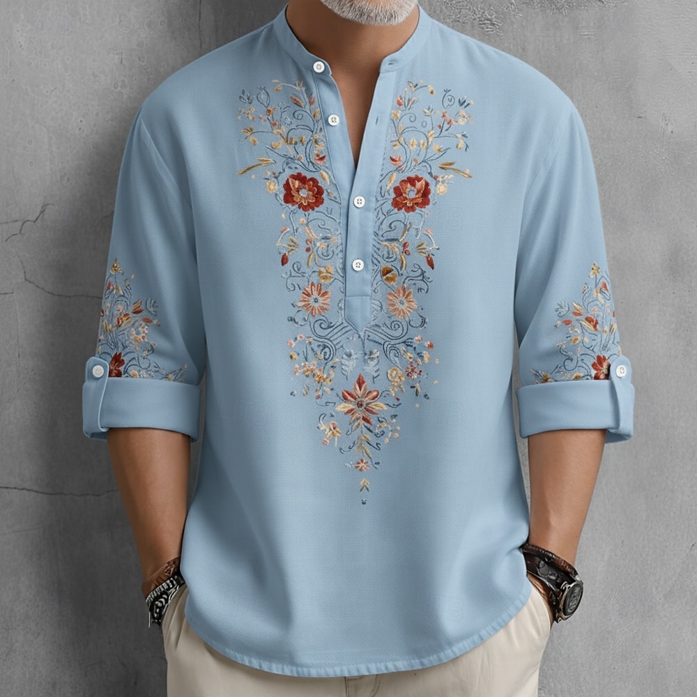 Bărbați Imprimeu floral Έθνικ Flori Cămașă Camașă cu nasturi Cămașă Henley Manșon Lung Vintage Retro Casual Vacanță Nuntă Vară Primăvară Guler mandarin Guler în picioare Imprimare 3D Cămașă de in 2026 - $27.99 –P2