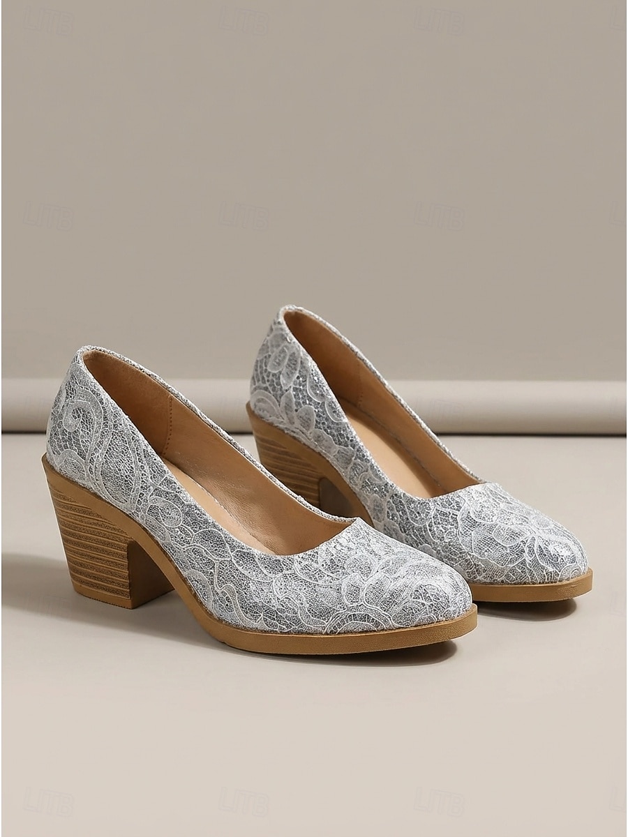 2026年 レディース シルバー レース ブロックヒール パンプス - エレガントな花柄レース クローズドトゥ シューズ。快適なチャンキーウッドグレインヒール。結婚式や普段使いに最適。 &特別な機会  コレクション – $32.99 –P1