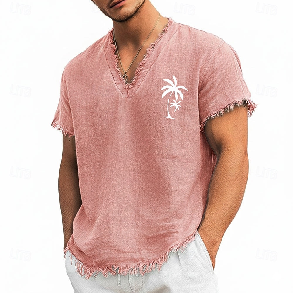 T-shirt da uomo con scollo a V in misto lino e cotone con stampa di palme, orlo a vivo, ideale per l'estate, la spiaggia, le vacanze al mare, maniche corte, morbida e casual, alla moda, taglie S-3XL. del 2026 a $24.99 –P5