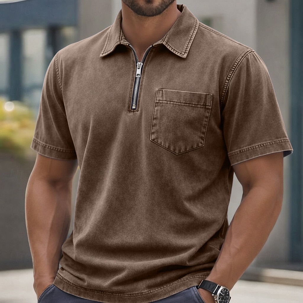 Homme Polo Chemise 100% coton délavée à l'acide Occasionnel Tenue quotidienne Zip quart Manche Courte ancien Basique Uni Avec Poches Affligé Été Coupe régulière Vert Armée Noir Rose Claire bleu de 2026 ? $31.99 –P7