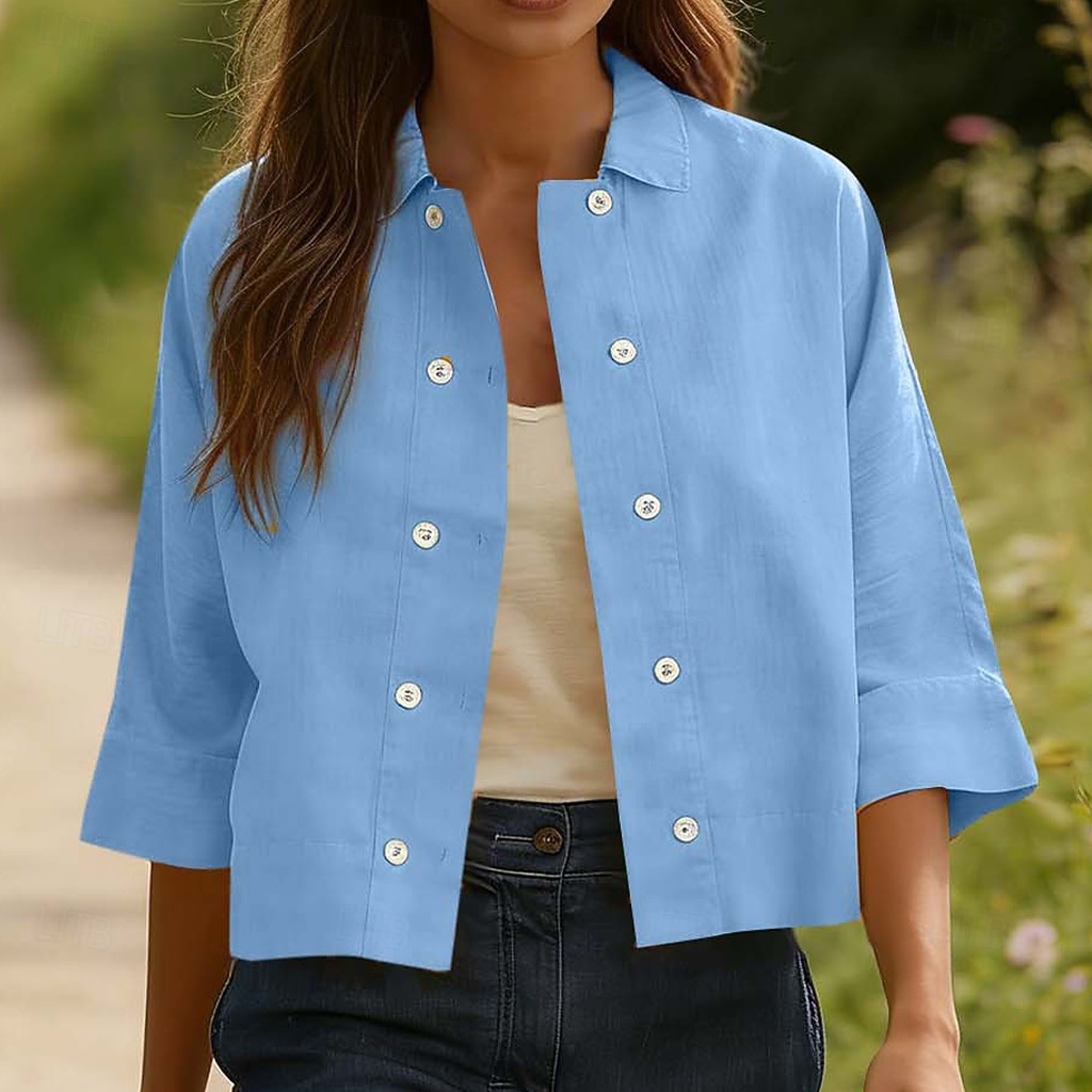 Mulheres Camisa Social Camisas com toque de linho Camisa casual camisa de botão Botões Côr Sólida Férias Vintage Moda Meia Manga Aberto para a Lateral Tops regulares Diário Feriado Roupa de Praia de 2026 por $22.99 –P4