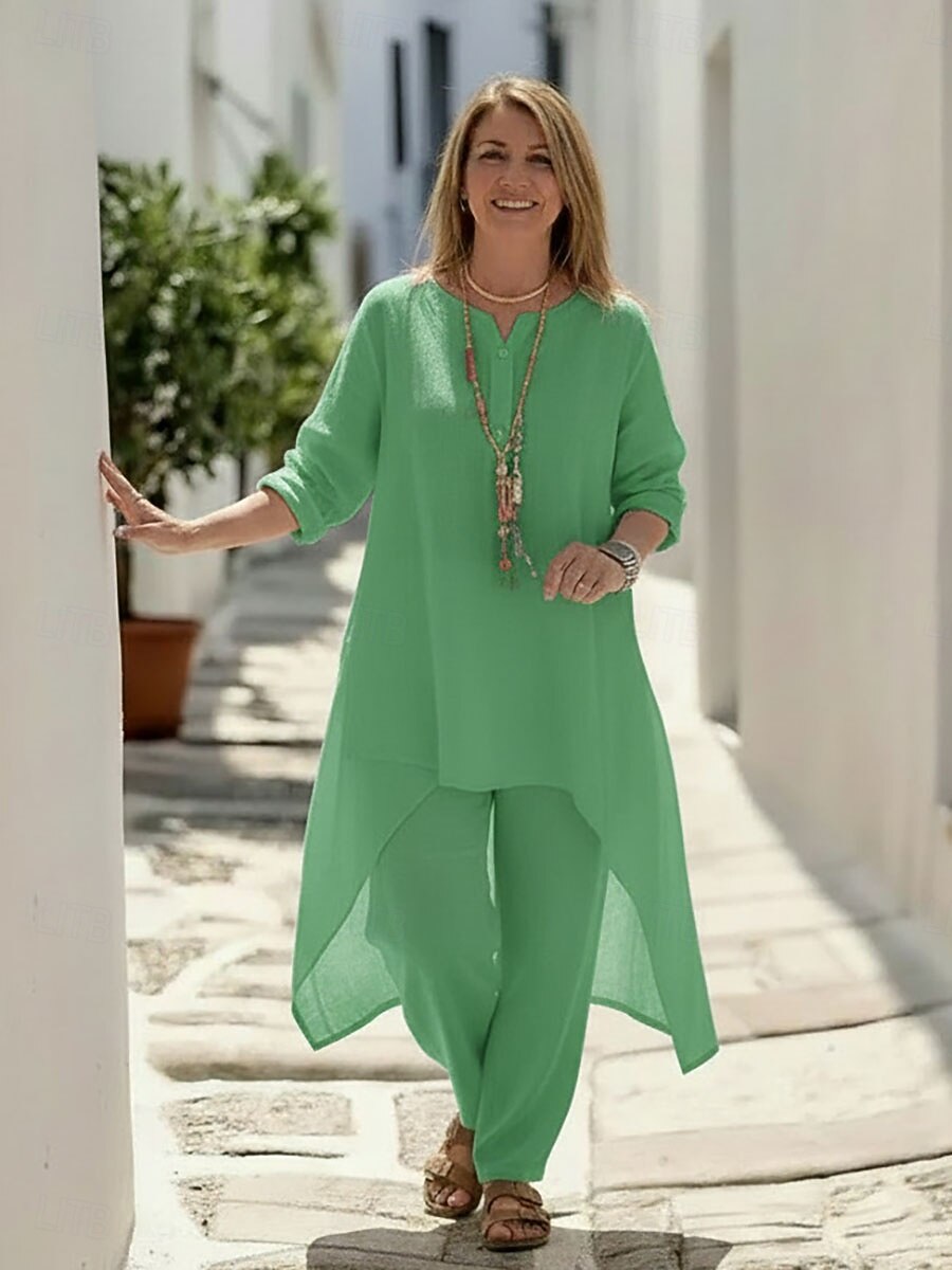 Dames Set met linnenlook Broeken Sets 3/4 mouw Strakke ronde hals Effen Met ruches Modieus Streetwear Casual Dagelijks Buiten blauw Zwart Wit Zomer Ruim Passend 2026 - $33.99 –P2