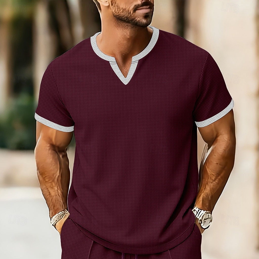 2026年 男性用 ワッフルTシャツ Tシャツ 半袖シャツ ティートップ 半袖 Ｖネック 夏 春 純色 ストリートファッション スタイリッシュ カジュアル パッチワーク 日常 アウトドア ストリートウェア ワイン メンズトップTシャツ  コレクション – $18.99 –P4