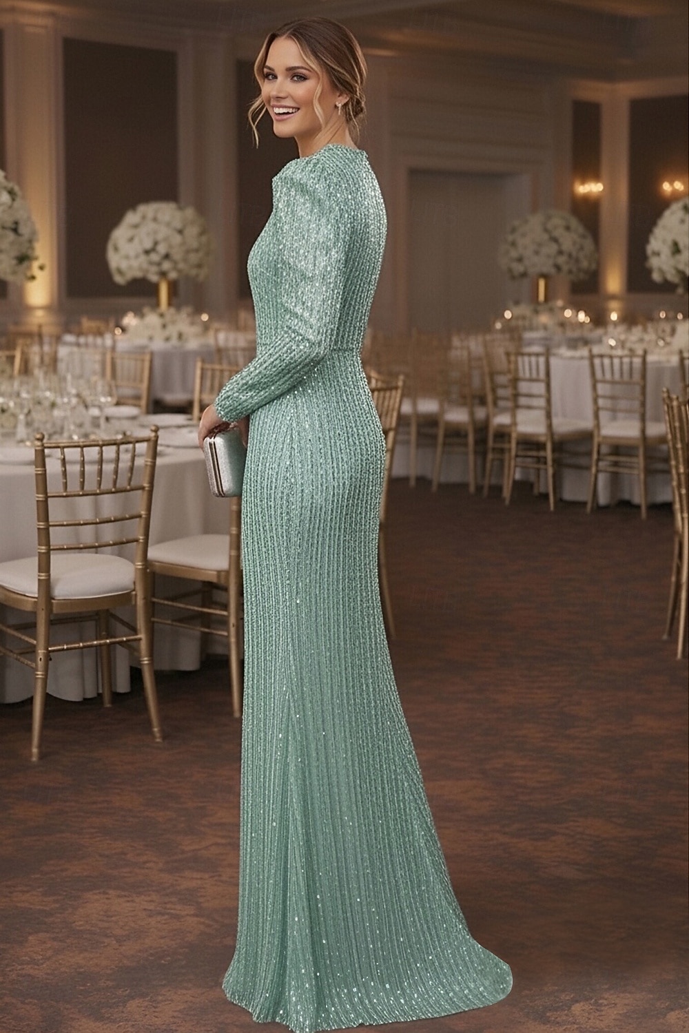 Tubino Colonna Lunghezza al pavimento Abito da invitata a nozze Abito Formale Abito da sera Abiti da Ballo Elegante Manica Lunga Girocollo Balli di fine anno Formale Con Paillettes con Glitter del 2026 a $149.99 –P3