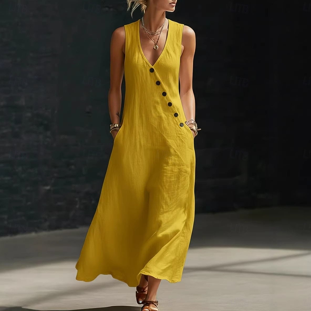 Robe longue en coton et lin pour femme, robe d'été, robe trapèze, robe cintrée et évasée, robe de vacances décontractée, style bohème, robe de plage décontractée, robe de soirée ample, robe unie sans de 2026 ? $24.99 –P1