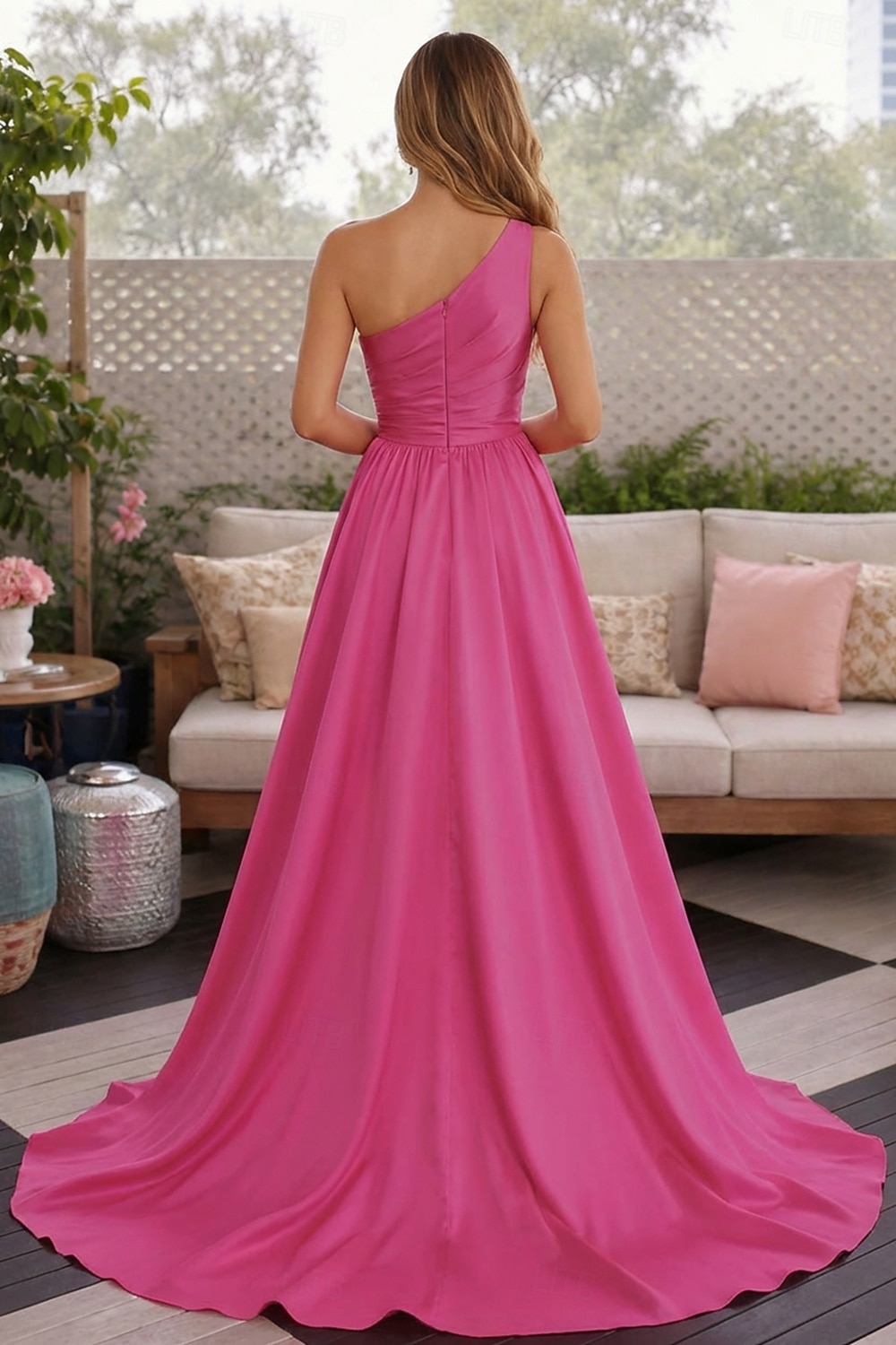 Corte A Hasta el Suelo Trajes de gala Vestidos de noche Corte Cenicienta Vestimenta formal Elegante Minimalista Sin Mangas Un Hombro Fiesta de baile Invitado a la boda Satén con Plisado Abertura 2026 - $160.99 –P2