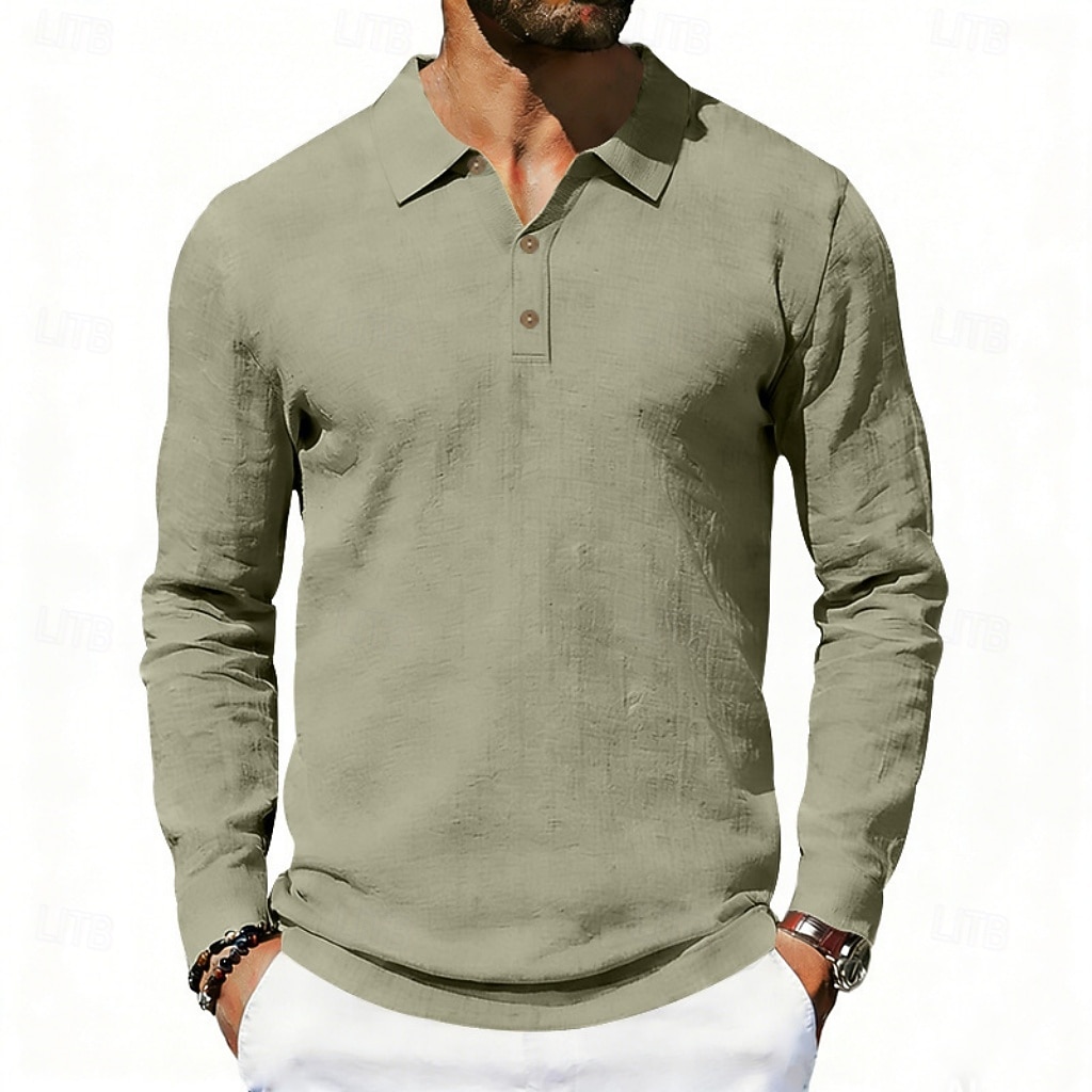 Men's Linen Shirt Polo Shirts Casual Street Lapel Long Sleeve Basic Modern Plain Buttons Spring Fall Regular Fit Black White Navy Blue Khaki Dark Grey Army Green Linen Shirt 2026 - $22.99 –P17