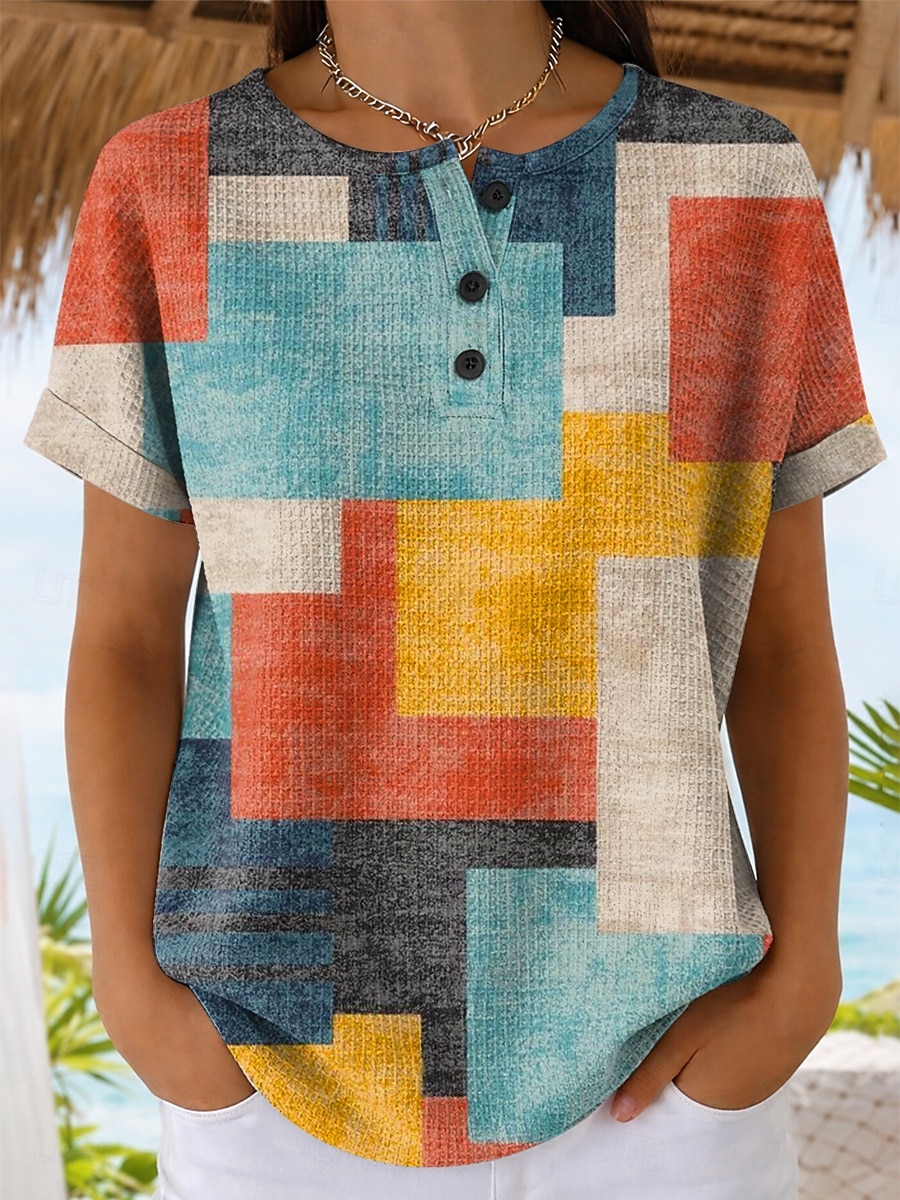 Maglietta Waffle da donna color block stampa grafica geometrica vintage elegante classica manica corta girocollo standard quotidiana blu giallo viola arancione estate primavera del 2026 a $21.99 –P1