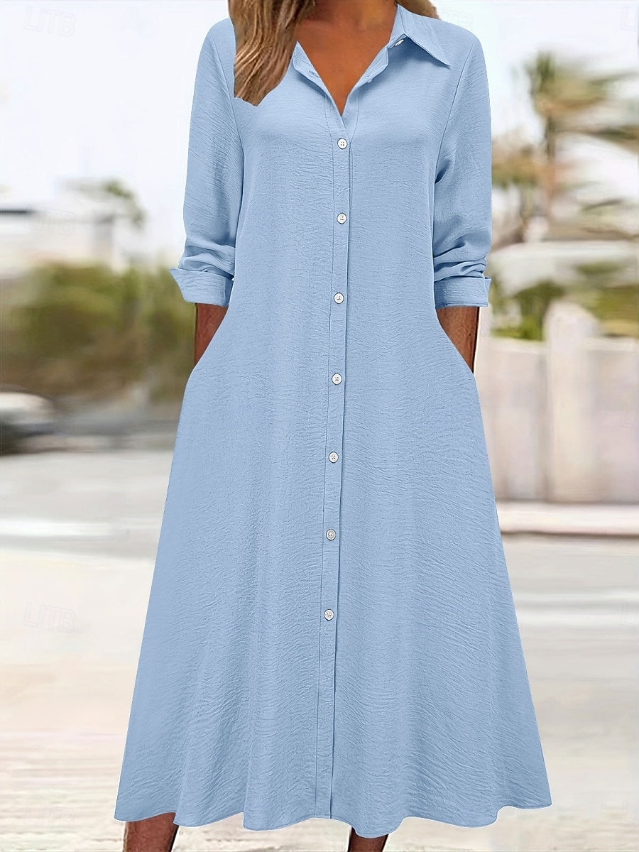 Femmes Robe Midi Robe Chemise Robe Décontractée Robe trapèze Robe en faux lin Mode Basique Moderne Quotidien Vacances Sortir Coupe régulière Uni manche longue Col de chemise Bleu Noir Vin Orange de 2026 ? $28.99 –P12