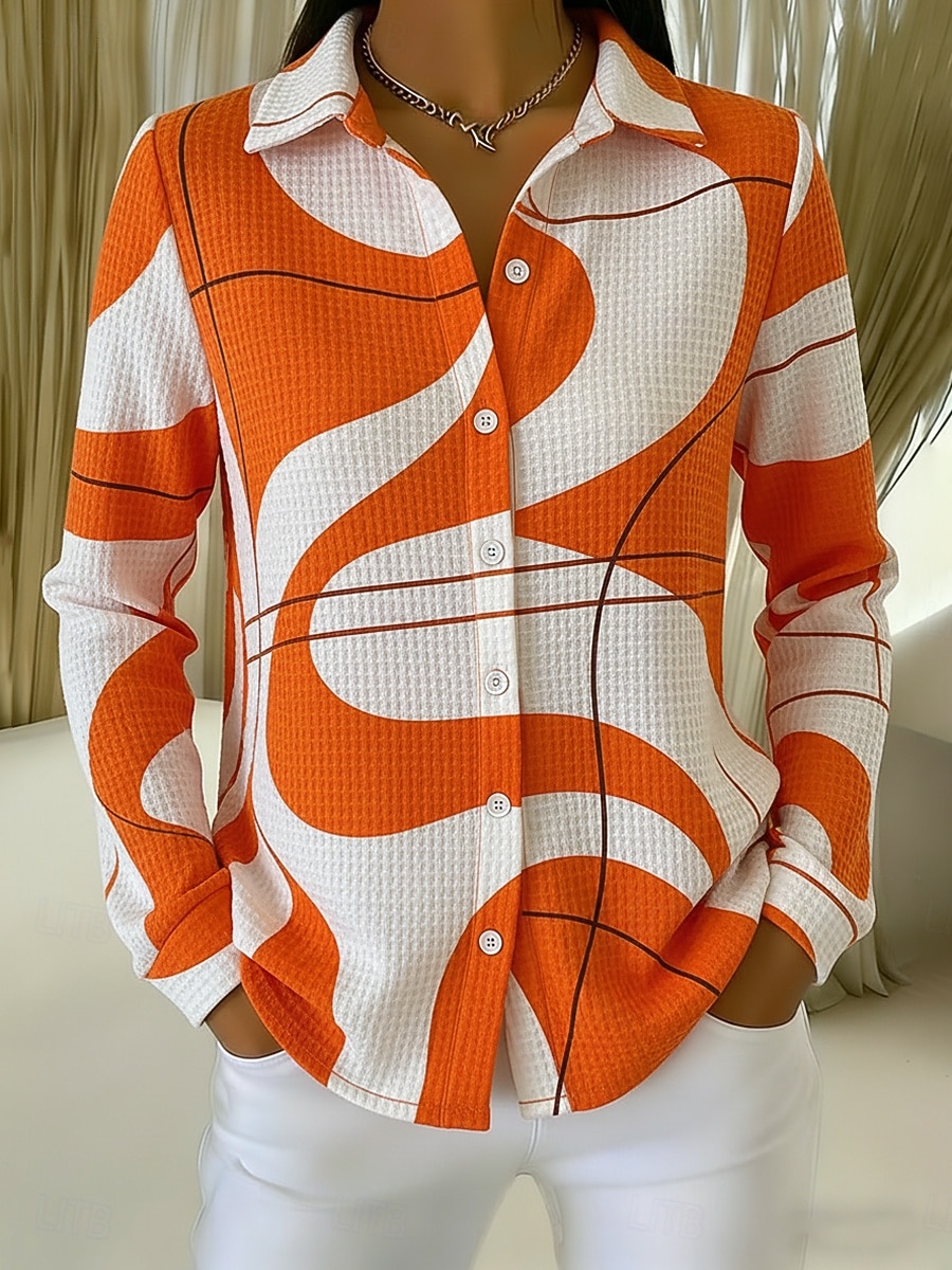 Pentru femei Cămașă Waffle Bluză Nasturi Imprimeu Geometric Vacanță Zilnic Casual Manșon Lung Guler Cămașă Topuri obișnuite Zilnic În aer liber Concediu Negru Roz Îmbujorat Roșu-aprins Portocaliu 2026 - $24.99 –P1
