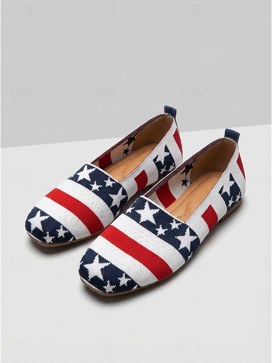 Damskie balerinki USA 250 Patriotic - oddychające, dzianinowe, prążkowane buty z detalami w kształcie gwiazdek &kwadratowe palce na amerykański dzień niepodległości, codzienny komfort &wydarzenia 2026 - $24.99 –P2